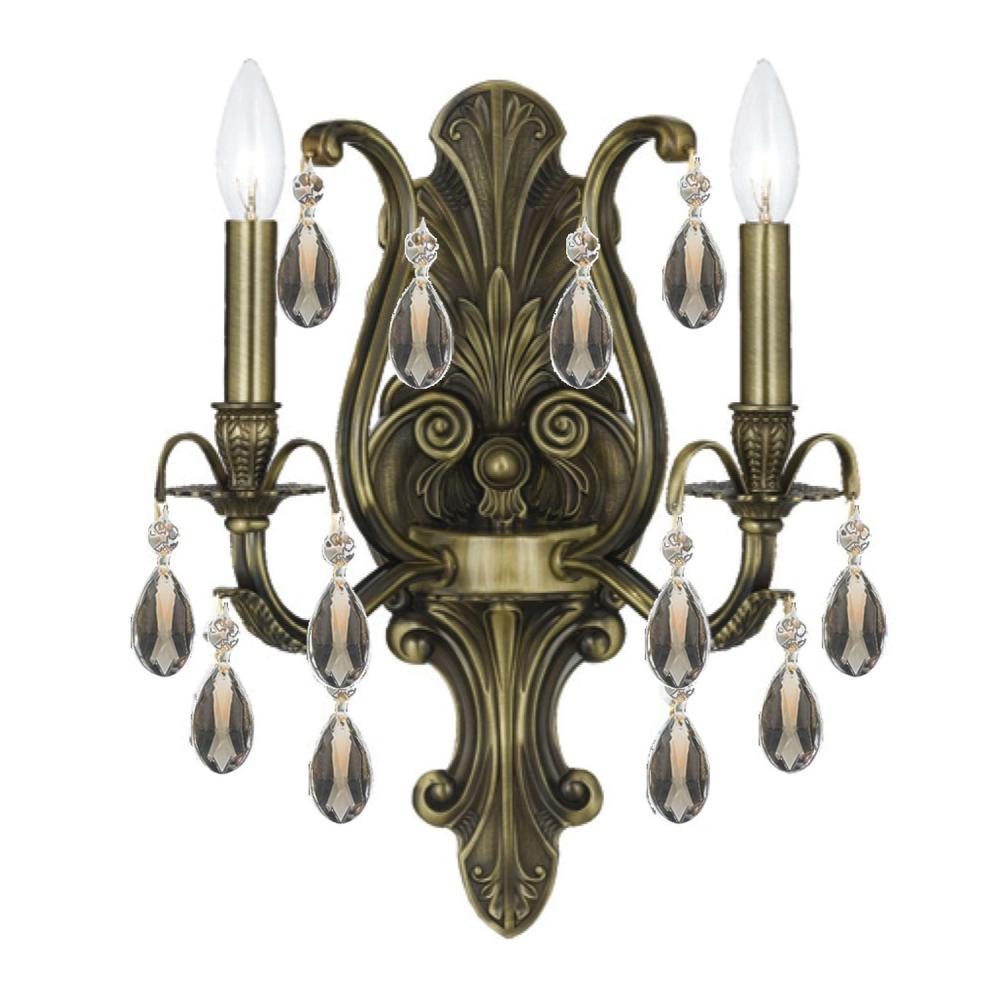 Dawson 2 Light Golden Teak Hand Cut Crystal Antique Brass Sconce