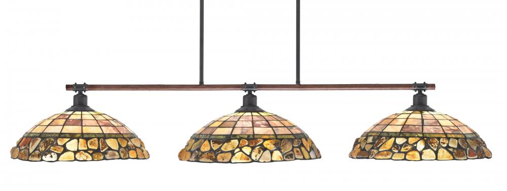 Blacksmith 3 Light Bar, Painted Wood-Look Metal & Dark Granite Finish, 16" Cobblestone Art Glass