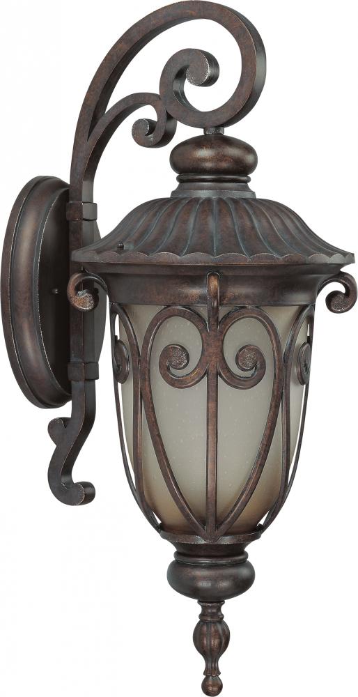 1-Light Large Outdoor Wall Lantern (Arm Down) with Photocell in Burlwood Finish with Frosted Wheat