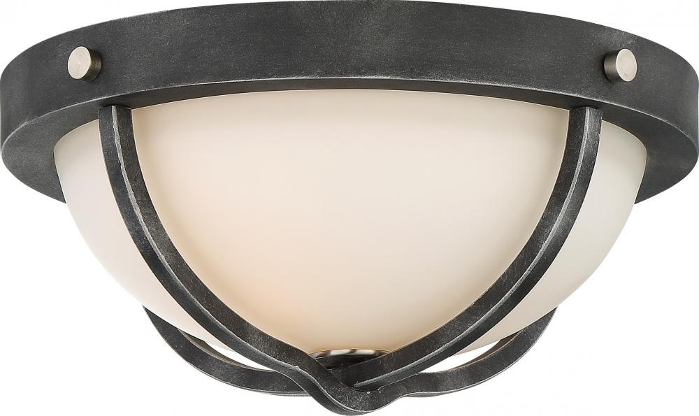 Sherwood - 2 Light 15" Flush Fixture with Satin White Glass - Iron Black Finish with Brushed